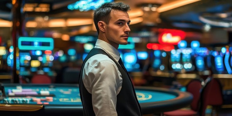 Dealer cantik profesional memandu permainan Baccarat di meja Live Casino